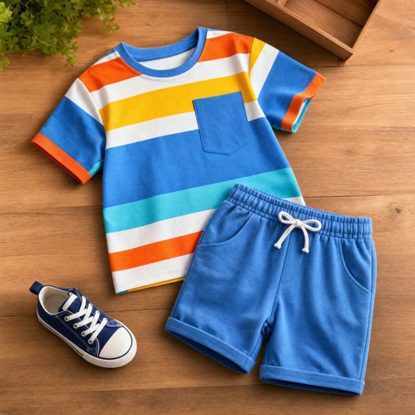 Colorful playful children's t-shirt and shorts with a sneaker