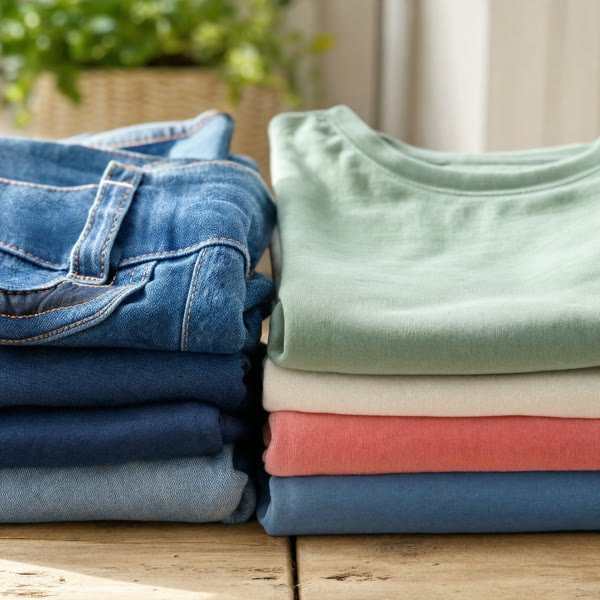 Casual everyday denim and cotton t-shirts folded neatly