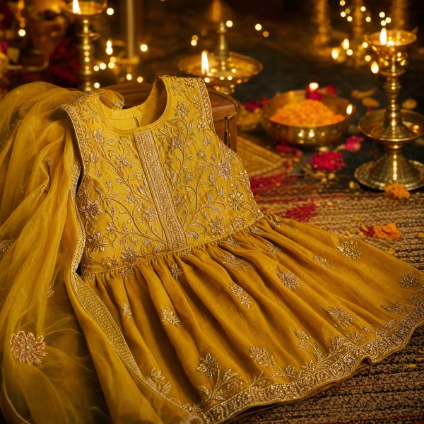 Gold-embroidered festive children's outfit with diyas