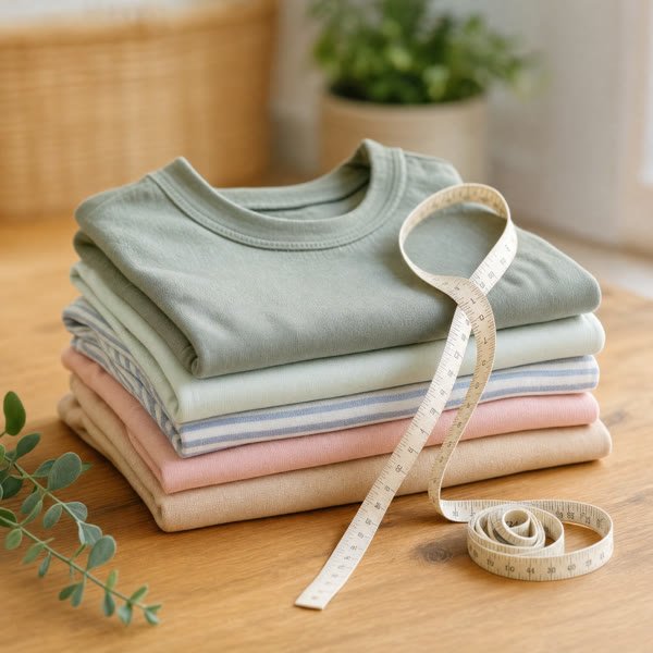 Neatly folded premium kidswear with a tailor's measuring tape