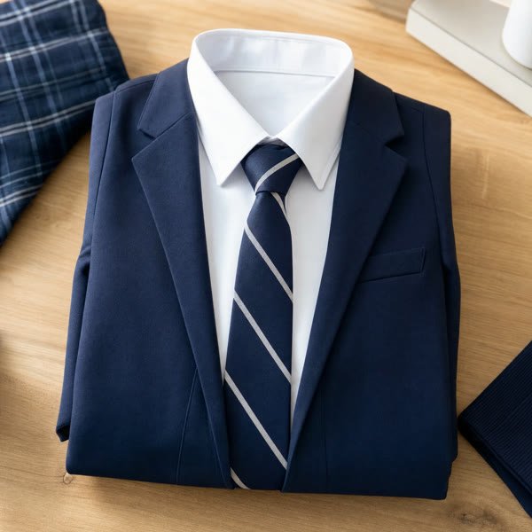 Neatly folded navy and white school uniform with tie